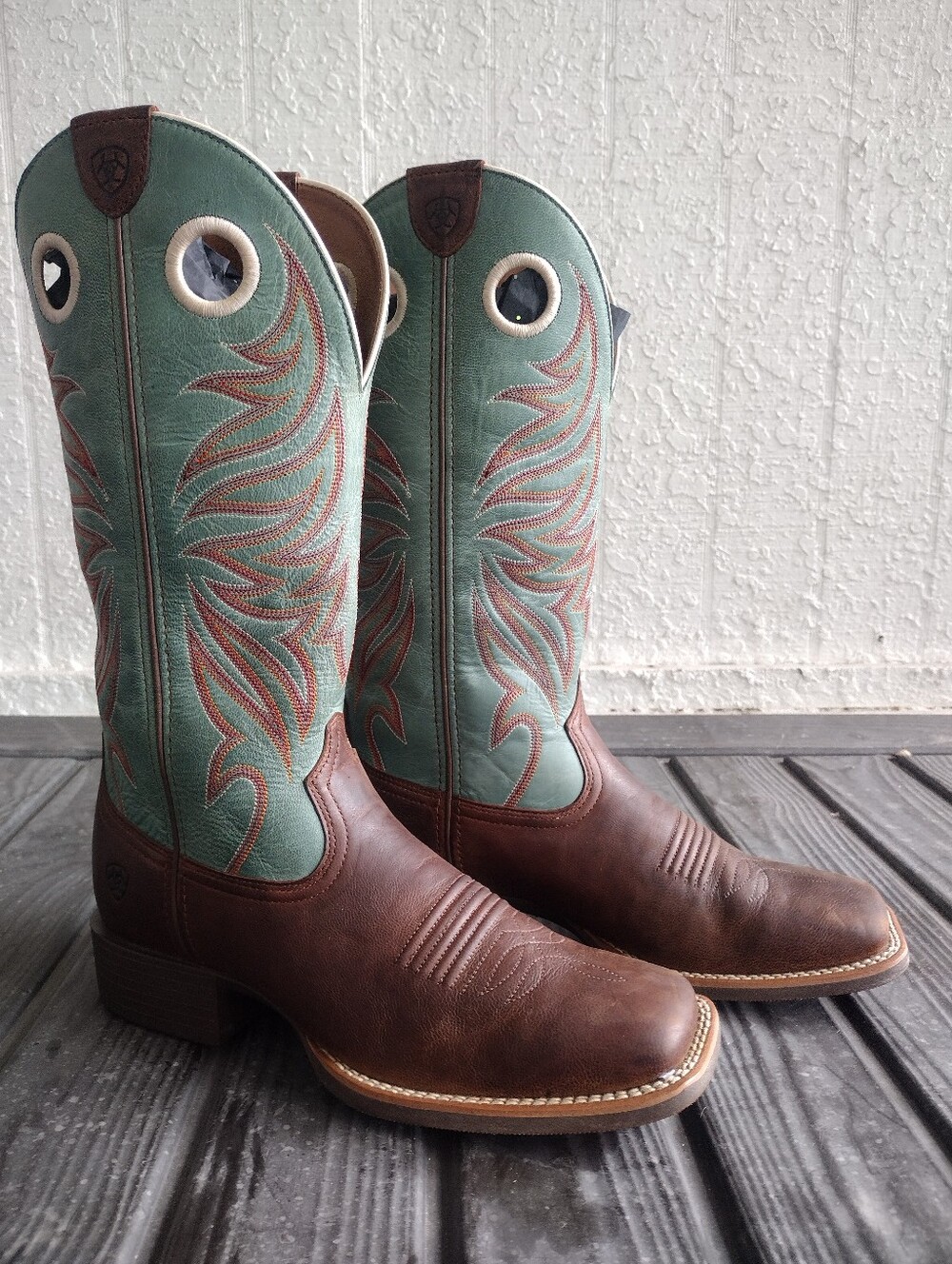 Ariat Round Up Rider Western Cowboy Boots Brown & Teal Leather Embroidered Women - Picture 5 of 9